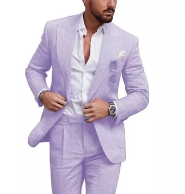 Linen Summer Men Suits For Wedding Groom Tuxedos Casual Beach  Suit Set • $75.90