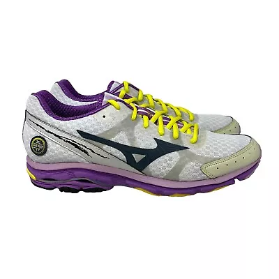 MIZUNO Wave Rider 17 Women’s Sz 10.5 WHITE PURPLE Yellow Running Shoe J1GD140708 • $68.99