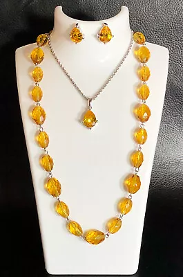 VTG Givenchy Gold Czech Crystal Bead Necklace +Canary CZ Earring Pendant LOT6897 • $9.99