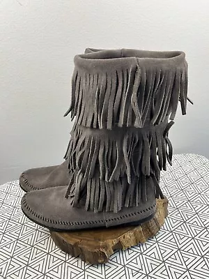 MINNETONKA Moccasins 3-Layer FRINGE Suede Leather Boho Tall Boots Womens Size 10 • $34.95