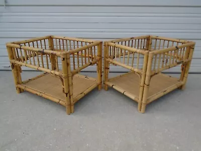 Pair Bamboo Side Tables Burnt End Hollywood Regency Rattan Cottage Coastal 2 • $350