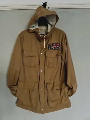 Jack Wills Jacket Mens Khaki Beige Cotton Military Biker Union Jack  Badge Small • £22