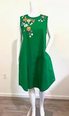 MEGAN PARK Kelly Green 100% Cotton Multi Floral Embroidered A Line SL Dress Sz 1 • $185