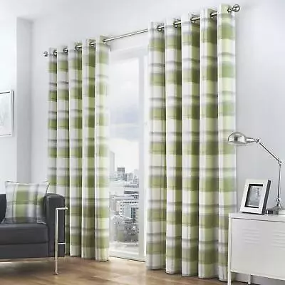 Balmoral Lined Eyelet Curtains Tartan Check Ready Made Ring Top Curtain Pairs • £6.95