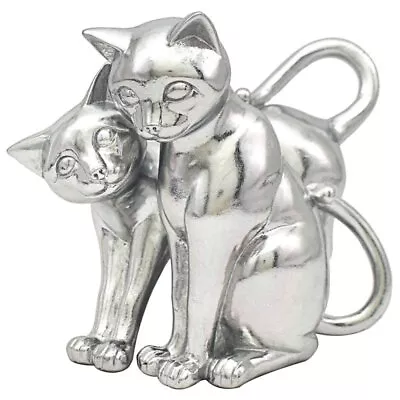 Twin Cats Ornament Silver Art Resin Metallic Finish Animal Home Decor Gifting • £22.95