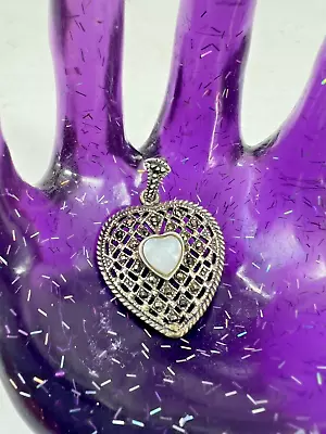 Heart Pendant Sterling Silver & Mother Of Pearl & Marcasite Vingate Pretty • $14