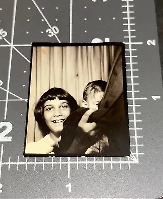 1960s Girl PULLING BACK CURTAIN Blocks Boy FACE Vintage PHOTO BOOTH • $18.95