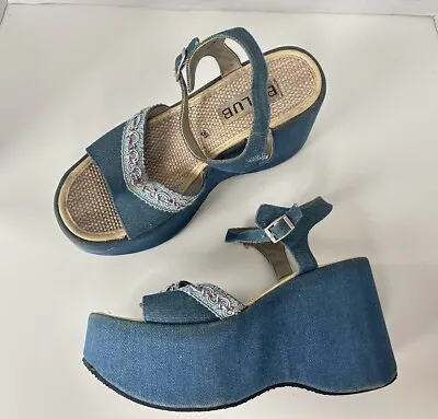 Vintage 90s Y2K B CLUB Denim Jean Chunky Platform Wedge Sandals Size 39 • $55