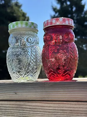 2 Set Colored Glass Owl Mason Jars Storage Canister Drinking Tumbler Glass • $23.99