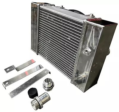 Half Size Compact Drag Coolant Radiator 1.25  16AN Hose 4 Row Core Fan Tucked US • $349.95