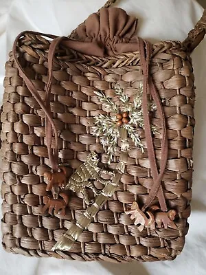 Cappelli Straworld Woven Straw Purse Shoulder Handbag Palm Tree Monkey Beads  • $12