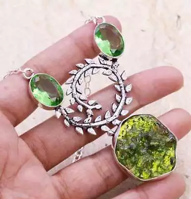 Moldavite Glass Peridot Art Piece 925 Silver Plated Handmade Necklace Of 16  • $1.99