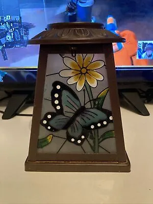 Glass And Metal Candle Holder Lantern W Hanger Butterfly W Flowers Stained Glass • £16.99