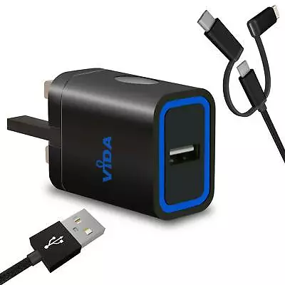 £12.99 • Buy Compact Mains Wall Charger USB Power Adapter And 3-in-1 Lead Cable For Tablet PC