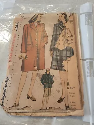 Vintage 1940's Simplicity 4563  Coat Pattern SZ 20 Bust 38  Complete • $7.50