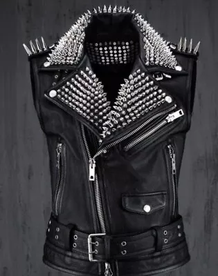 New Men's Black Punk Rock Silver Metal Spiked Studded Motorcycle Leather Vest • $134.99