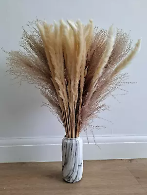 32 Stems Natural Dried  Pampas Grass Reed Flowers  (Y9V) And Ceramic Vase • £8.99