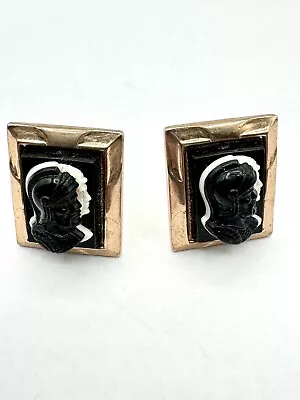 Vintage Roman Soldier Cameo Cufflinks - Gold Toned Black And White Right Facing • $7