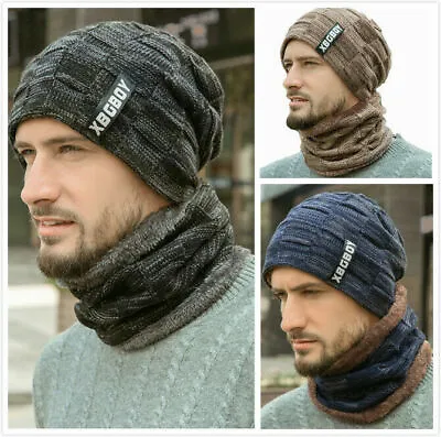 Mens Women Thermal Fleece Chunky Knit Beanie Hat Snood Neck Warmer Scarf Set • £8.99