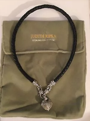 Judith Ripka Sterling Silver CZ Heart Pendant Braid Leather Cord Necklace 17.5” • $100