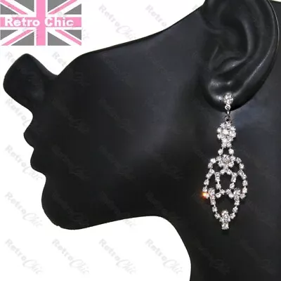 CRYSTAL CHANDELIER EARRINGS Sparkly Glass Rhinestone SILVER TONE Vintage Style • £2.88