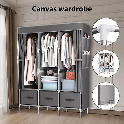Canvas Wardrobe + 3 Storage Drawers & Hanging Rail Clothes Closet Cupboard New • £31.49