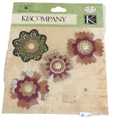 K And Company Metal Brads Chipboard Flowers Set 4 Scrapbooking Card Making Craft • $2.99