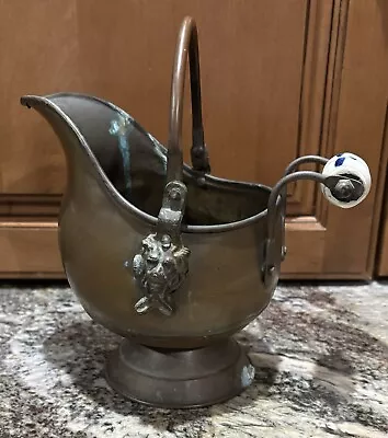 Vintage Brass Copper? Small Coal Bucket Scuttle W/ Delft Handle Lion Heads AS IS • $24.99