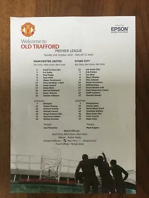 2016-17 Manchester United Man Utd V STOKE CITY Colour Team Sheet 2 Oct Premier  • £5