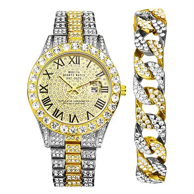 Mens Hip Hop Lab Diamond Band Date Quartz Analog Watch Cuban Chain Bracelet Set • $30.99