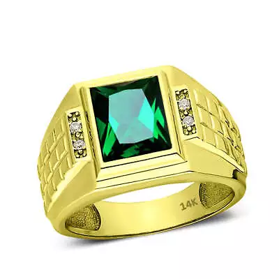 Mens Real Solid 14K Gold Green Emerald Ring 4 Natural Diamonds Huge Ring For Men • $934