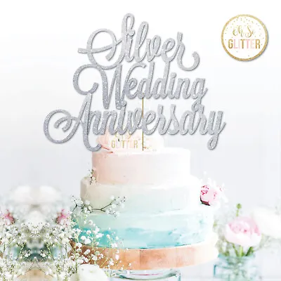 Silver Anniversary Cake Topper 25th Wedding Anniversary Glitter Silver Wedding • £4.79