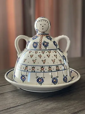 $75 • Buy Vintage RARE Polish Pottery Dome Lady Cheese Keeper Poland Signed#30 Large 8.5”