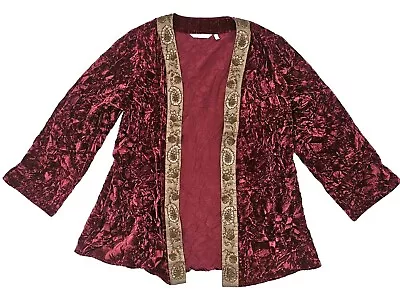 Soft Surroundings Red Crushed Velvet Floral Gold Sequined Open Jacket Womens Med • £38.56