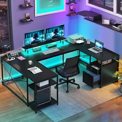 LED U Shaped Desk With Power Outlets 79  Reversible L Shaped Desk With Drawer • $195.57