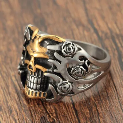 Mens Stainless Steel Gothic Rings Steam Punk Biker Flower Skeletons Gold Jewelry • $2.06