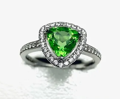 R0777G Green Helenite Trillion (7x7mm) Halo 925 Sterling Silver Ring • $60