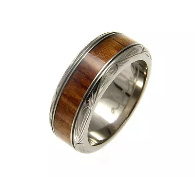 Genuine Inlay Hawaiian Koa Wood Wedding Band Ring Titanium Scroll 8mm Size 3-14 • $64.99