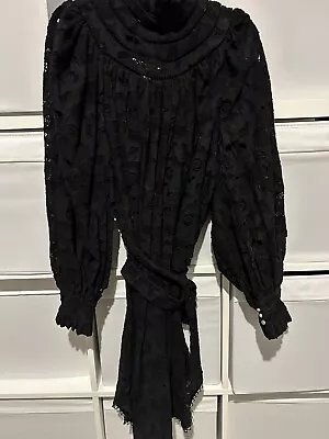 $136 • Buy Zimmermann Size 0 Black Lace Smock Dress With Tie