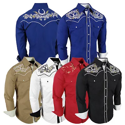 Mens Country Western Shirt Floral Horseshoe Embroidery Cowboy Rodeo Snap Cuffs • $39.95