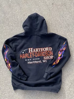 Vintage Harley Davidson Flames Sleeve Zip Hoodie Sweater Size Medium • $79.99
