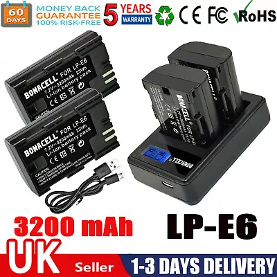 2x LP-E6 Battery + LCD Dual Charger For Canon EOS 6D 5DS 7D 60Da 70D 5D Mark II • £23.99