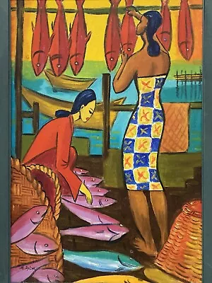 🔥 Vintage Mid Century Modern Hawaii Tiki Asian Women Oil Painting ADLER 1960s • $2750
