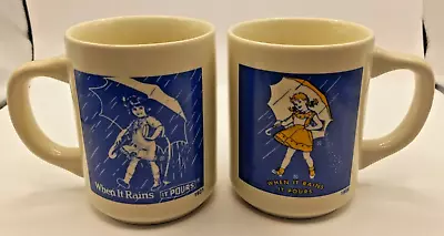 2 Vintage Morton's Salt Coffee Mug When It Rains It Pouts Girl With Umbrella • $13.99