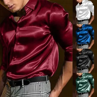 Satin Silk Dress Shirts For Men Button Down Long Sleeve Party Wear Shirts • $22.27