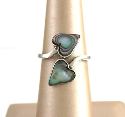 Taxco .925 Sterling Silver Abalone Ring Bypass Heart Rainbow Signed ARH Sz5.75 • $31.96