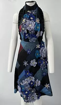 Preen By Thornton Bregazzi 2015 Blue Halter Open-Back Floral Applique Dress SzXS • $170