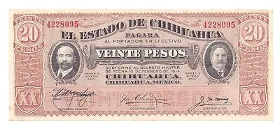 Mexican Revolution Estado De Chihuahua 20 Pesos Banknote Peso Mexico Currency  • $11.99