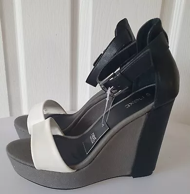 Next Colour Block Ankle Strap Wedge Sandals 4 New With Tags Black Grey White  • £15