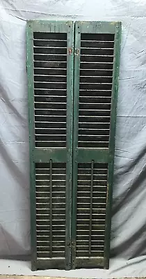 Pair Antique Window 11x62 Wood Louvered Shutters Shabby Green Old VTG 1108-23B • $99